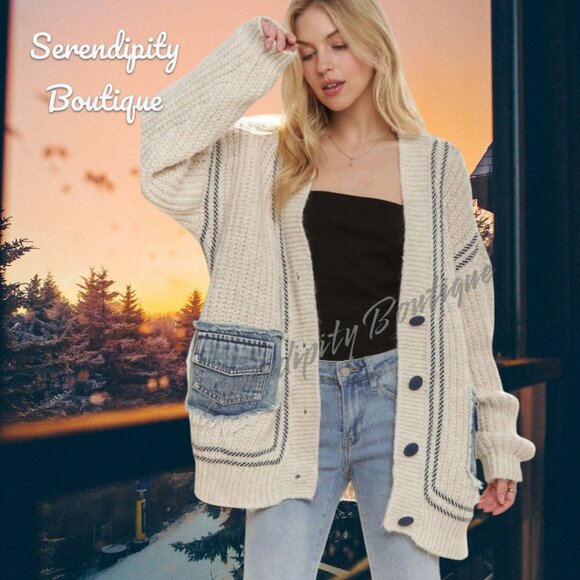 Softest Sweater You'll Ever Wrap Around Your Body Chunky Boho Denim Accent Cardi - Picture 5 of 11